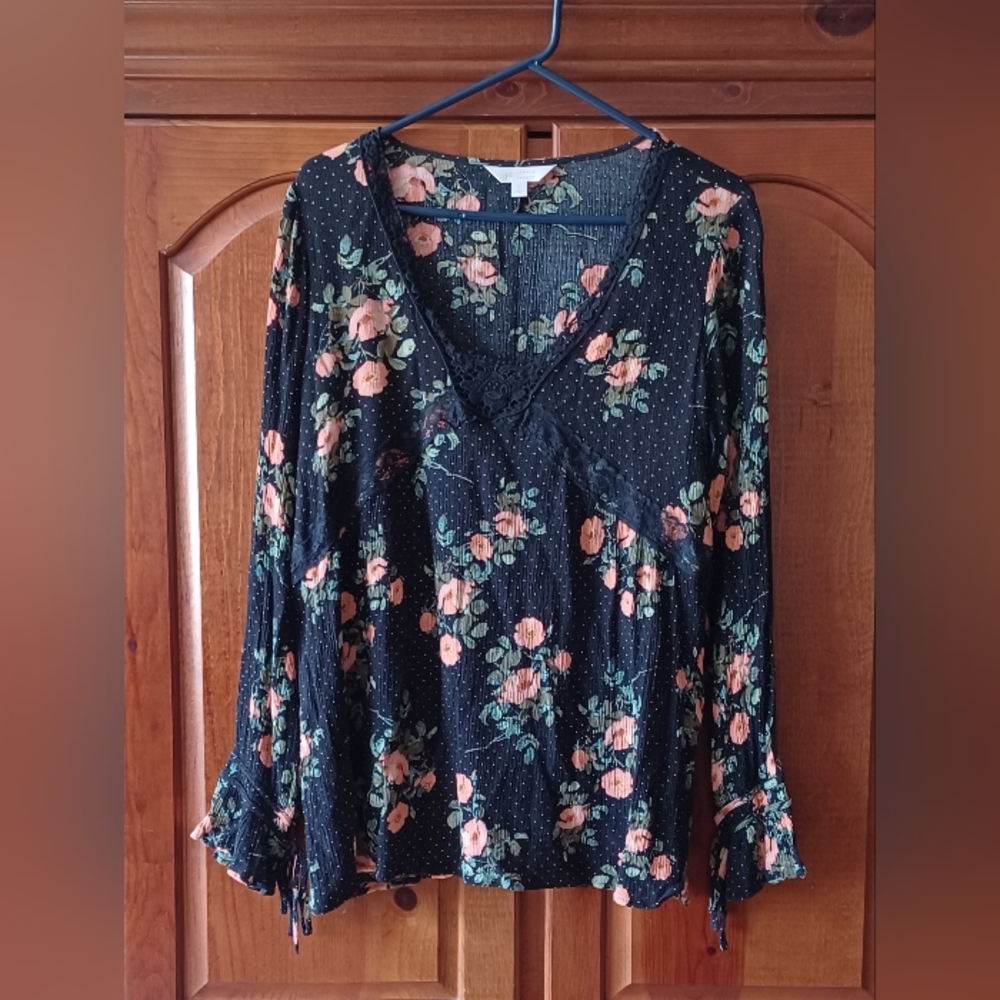 LC Lauren Conrad Women's Polka Dot Floral Blouse - Black (Large)